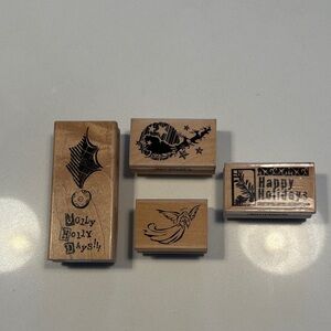 Lot of 4 Holiday Rubber Stamps - Wood Mount for Crafts, Scrapbooking etc